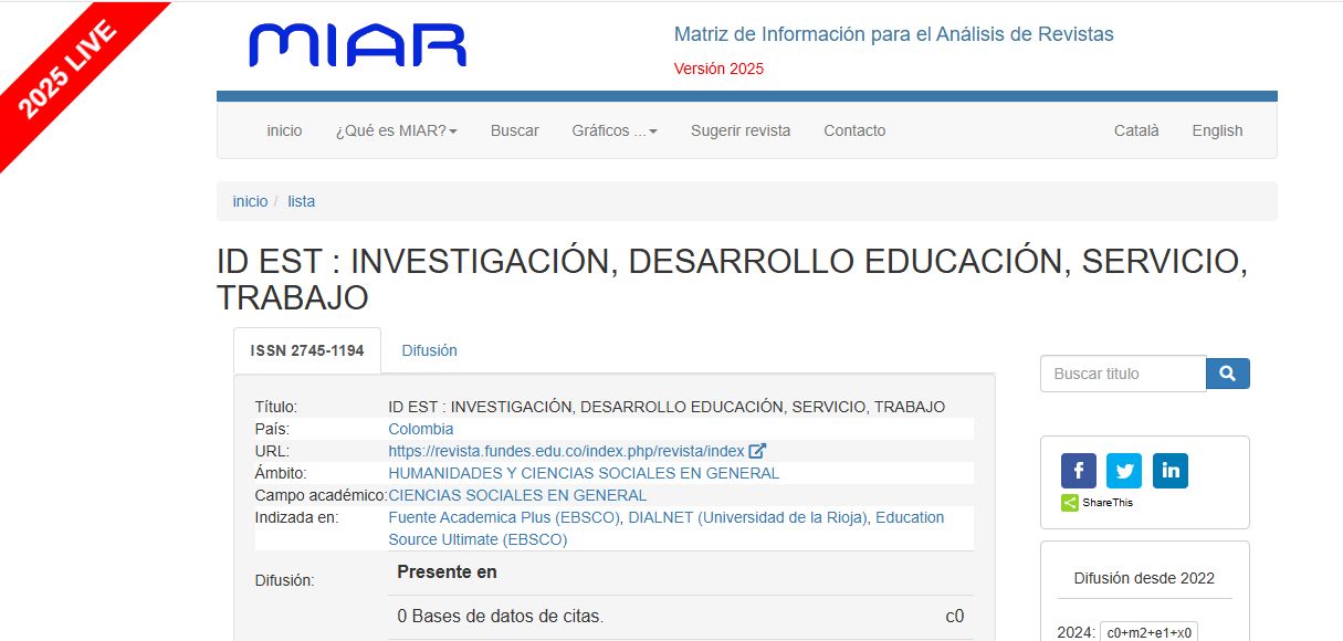 ¡Gran logro editorial! Revista cientÃÂfica ID EST de FUNDES suma décimo segunda indexación en el sistema internacional MIAR